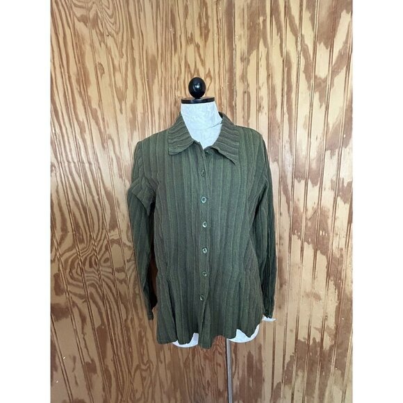 FLAX  Designs Womens NWT Button Down Long Sleeve 100% Linen Small Green Striped - Picture 1 of 8